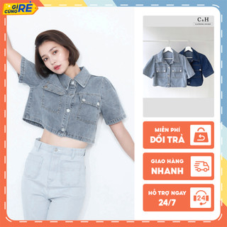 Áo sơ mi Jean croptop nữ tay ngắn áo kiểu sơ mi denim hai màu xanh C&H Clothing