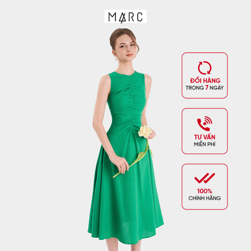 Đầm lửng MARC FASHION linen sát nách rút nhún thân trước - FANH053323