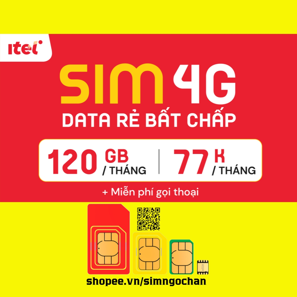 Sim 4G Không Giới Hạn Data iTel KID. Gói MAY77 Data 4Gb/Ngày  Free Gọi, Free 60SMS. Sim 4G Vinaphone Giá Rẻ