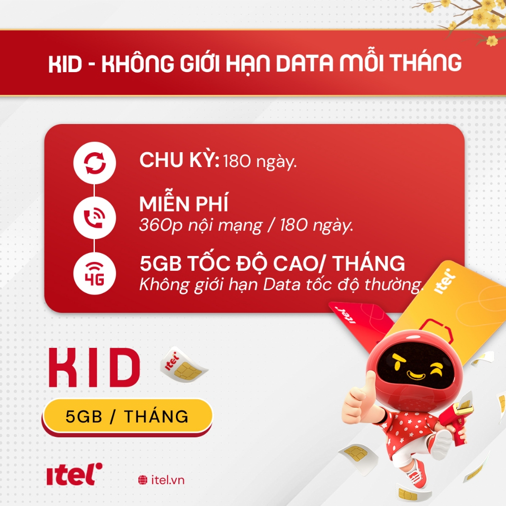 Sim 4G Không Giới Hạn Data iTel KID. Gói MAY77 Data 4Gb/Ngày  Free Gọi, Free 60SMS. Sim 4G Vinaphone Giá Rẻ
