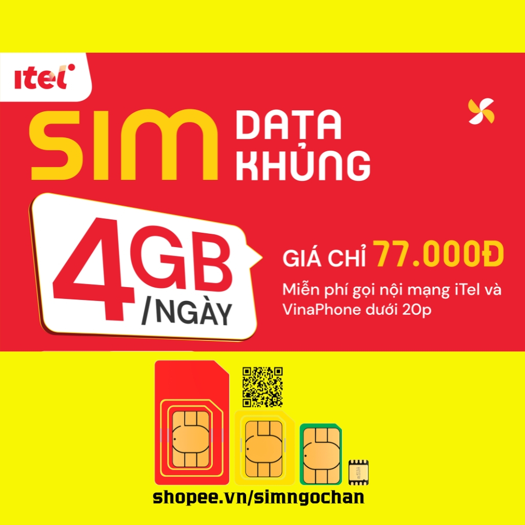 Sim 4G Không Giới Hạn Data iTel KID. Gói MAY77 Data 4Gb/Ngày  Free Gọi, Free 60SMS. Sim 4G Vinaphone Giá Rẻ