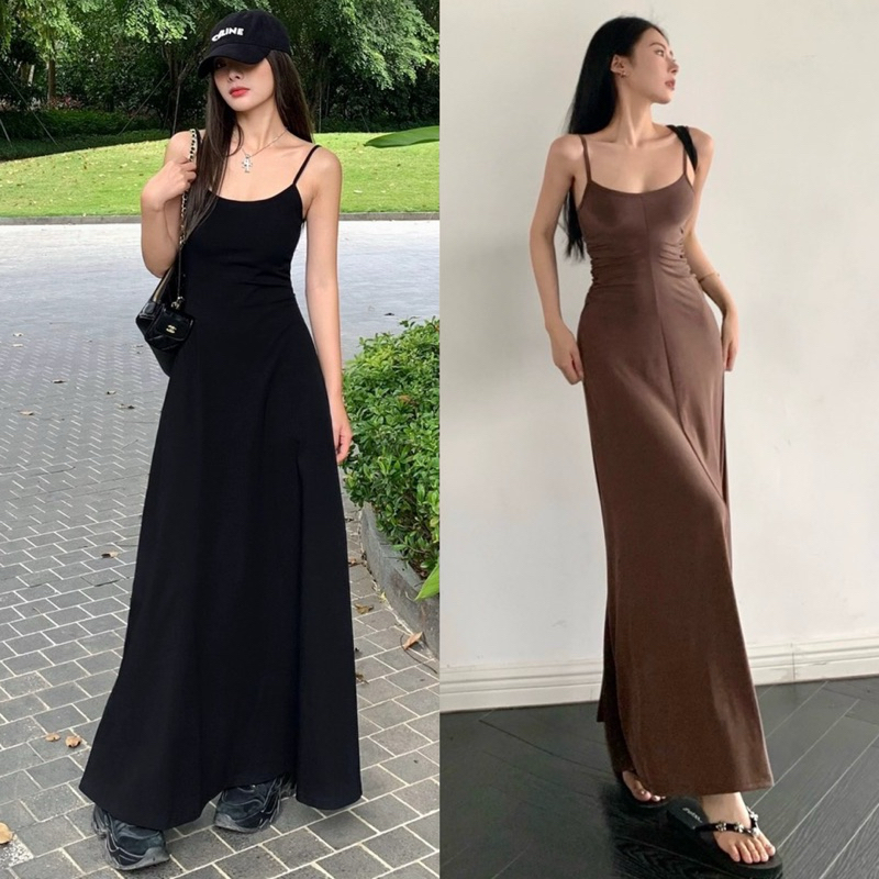 Đầm maxi 2 dây đen nâu xòe nữ tính
