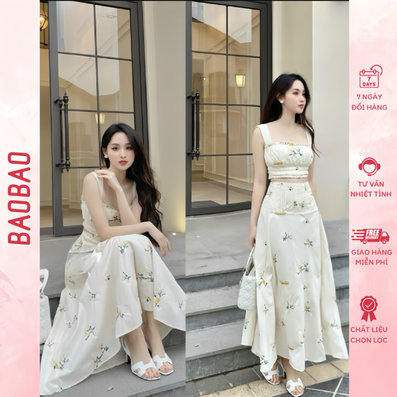 Set áo 2 dây kèm chân váy dài vintage, set áo croptop kèm chân váy thêu hoa, set váy đi biển B72