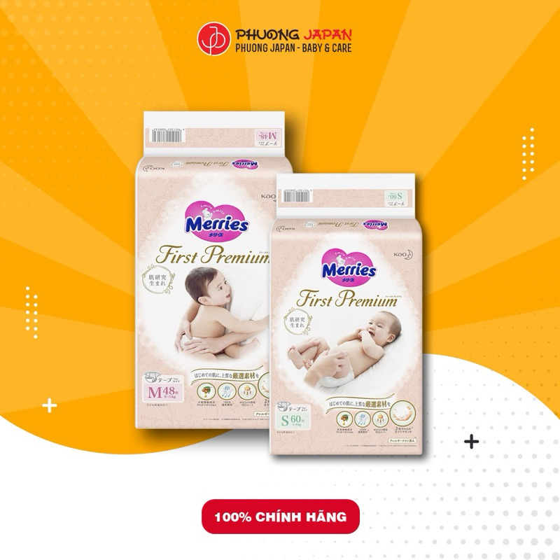 Tã Bỉm Merries First Premium. Merries Hồng Nội Địa, NB68, S62, Md50, Mq48, Lq38, XLq34