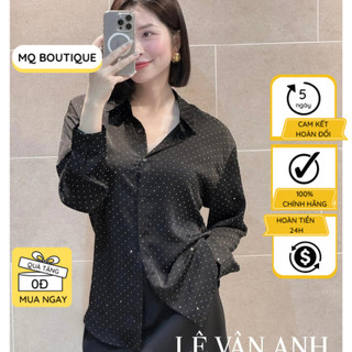 Áo lụa đính đá trơn đen sơ mi nữ dài tay cao cấp công sở nền đen, áo sơ mi họa tiết hiết kế MQ Boutique