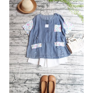 Áo mori denim chấp vá hoa nhí