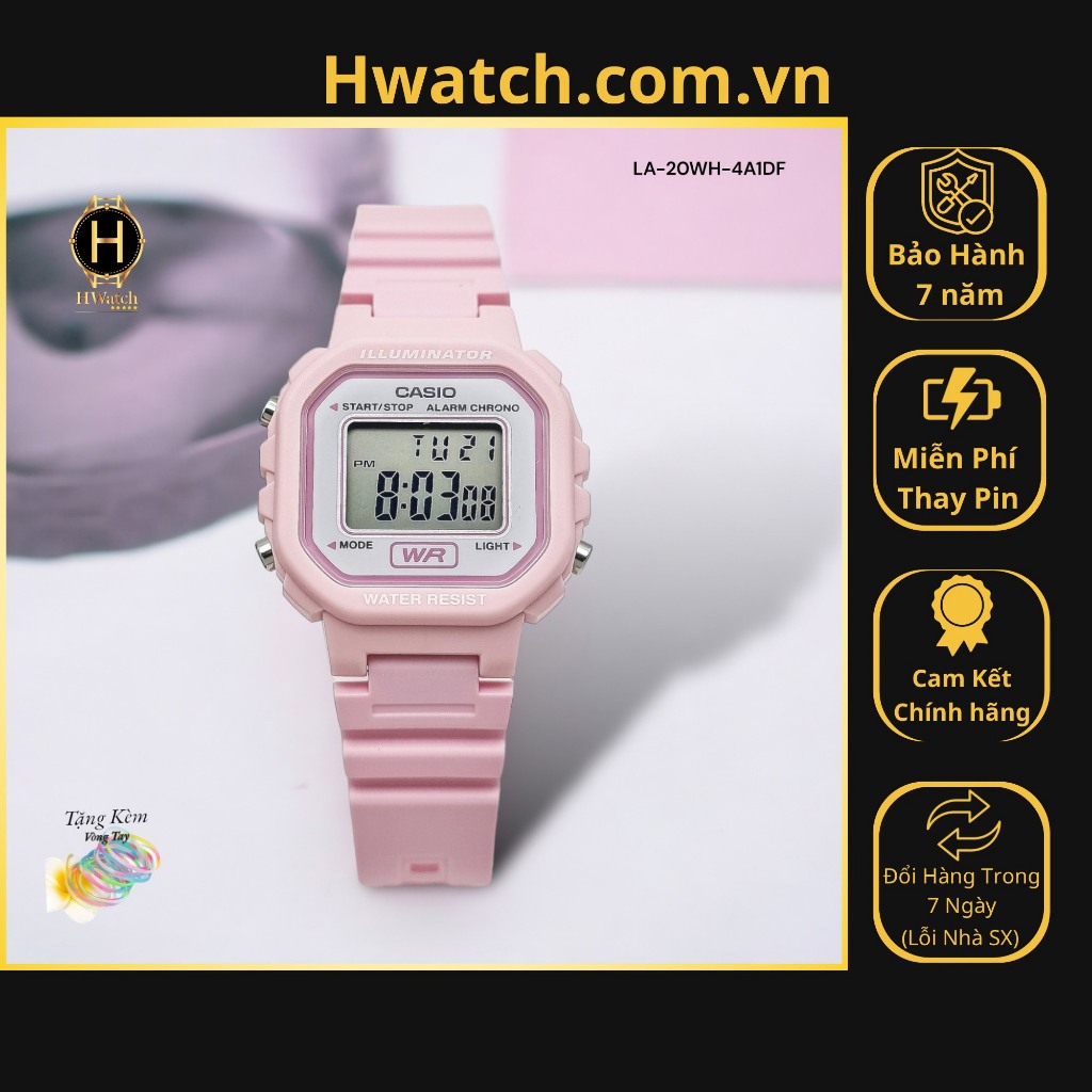 [Có sẵn] [Chính hãng]  Đồng Hồ Nữ Casio Pin LA-20WH-4A1DF Dây Cao Su Hồng Mặt Xám Hwatch.vn