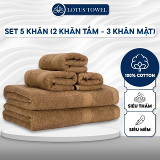 Bộ 5 khăn LotusTowel ( 3 Khăn Mặt, 2 Khăn Tắm ) 100% Cotton, siêu mềm mịn, thấm hút, dày dặn