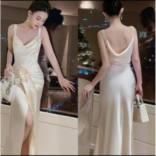  Váy Lụa Dự Tiệc Cổ Đổ Hở Lưng Sang Chảnh - Rose Dress Silk 