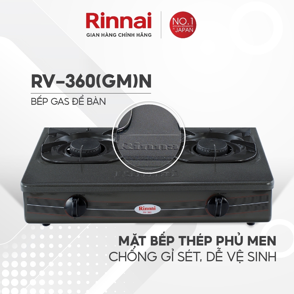 Bếp gas dương Rinnai RV-360(GM)N mặt bếp men và kiềng bếp men - Hàng chính hãng bảo hành 24 tháng