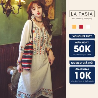 Đầm Thổ Cầm Trễ Vai Dáng Dài Dây Thắt Eo LP21 Đầm Suông Chữ A Phong Cách Vintage Bohemian Thời Trang Du Lịch Xinh Xắn