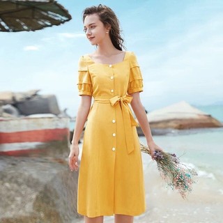 Đầm chữ A tiểu thư màu vàng, cột nơ, tay bèo