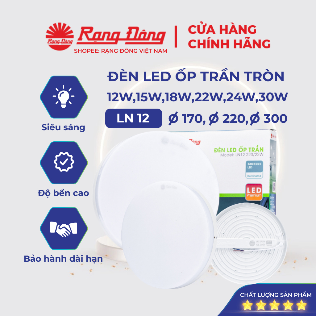 Đèn LED ốp trần tròn 12W,15W,18W,22W,24W,30W Rạng Đông siêu sáng, tiết kiệm điện, Model: LN12