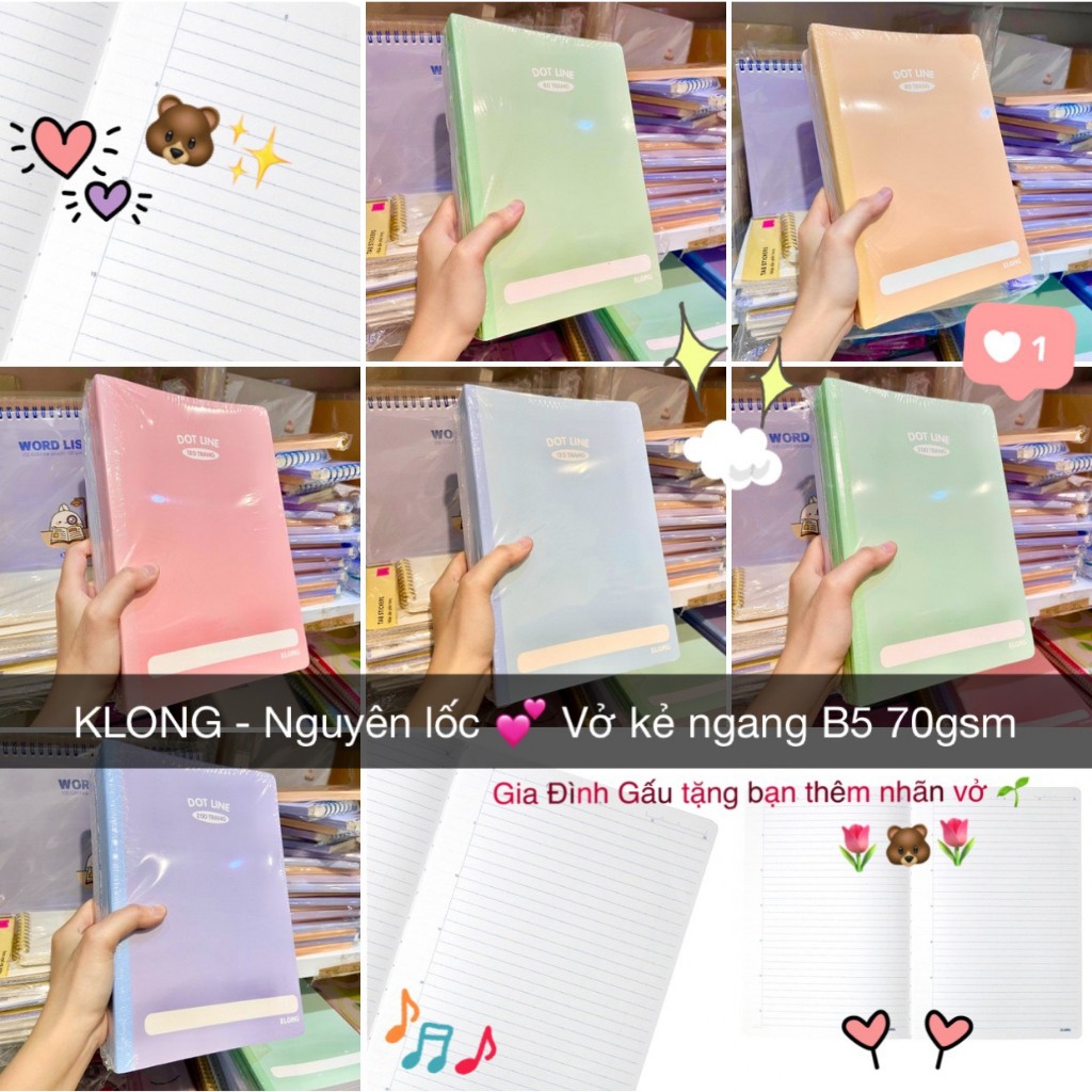 Nguyên lốc🌸Vở kẻ ngang chấm KLONG cỡ B5 may dán gáy - Lined Notebook B5 - 80/120/200 trang; KLONG MS