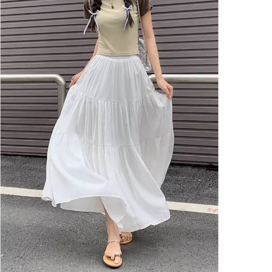 HCV22 Chân váy chữ a dài maxi ghép tầng lưng thun màu trắng - đen Hỉn Hỉn Store