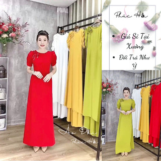 Áo dài lụa mỹ cổ tròn kết 3 hoa đính trai tay bồng