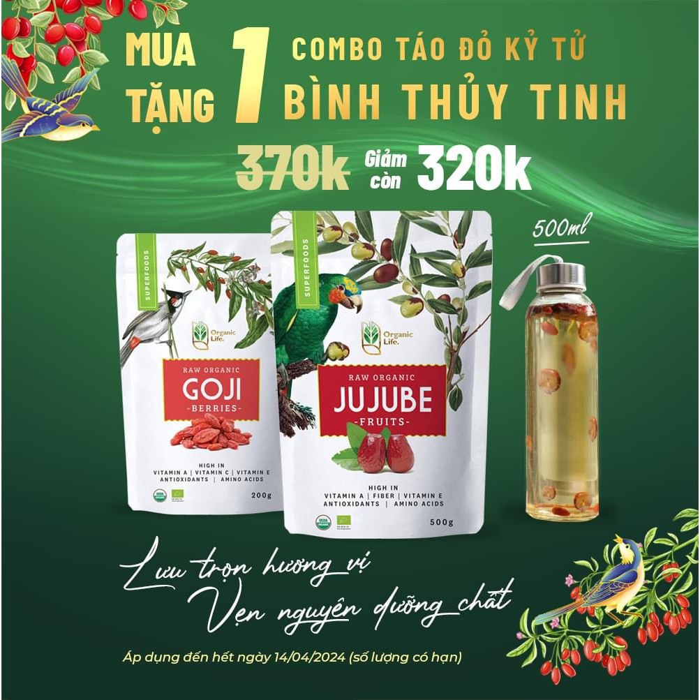 Combo Táo đỏ Kỷ tử đỏ hữu cơ (tặng chai thủy tinh )