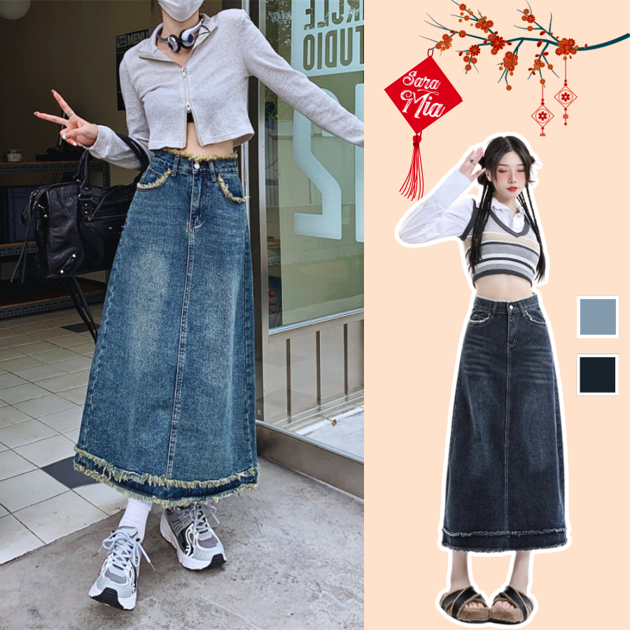 Chân váy dài jean nữ chữ A Saramia váy bò denim cạp cao midi style hàn quốc V9