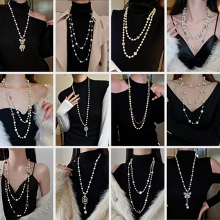 Vòng cổ dài KL.STUDIO Hàn Quốc đính đá, hoa và ngọc trai, Dây chuyền áo len cao cấp kèm charm thời thượng sang trọng