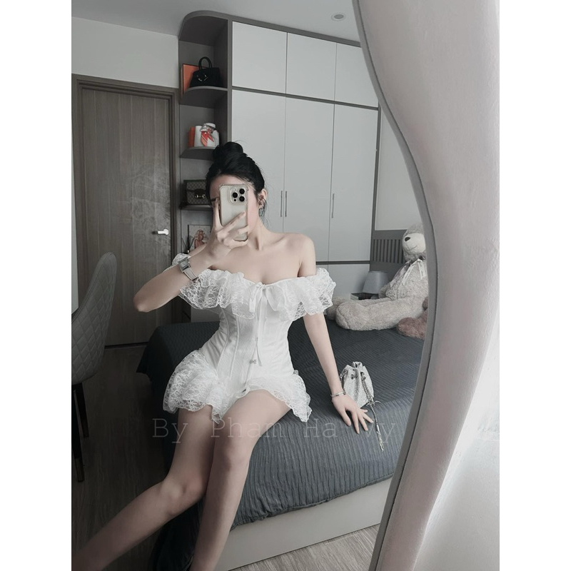 𝐕𝐍𝟏𝟑 [𝐁𝐈𝐆𝐒𝐈𝐙𝐄 + 𝐓𝐀𝐆 𝐍𝐎̛ ] Set áo corset trễ vai phối chân váy ren tầng xinh xắn by CarrotShop( có gọng định hình ) | BigBuy360 - bigbuy360.vn