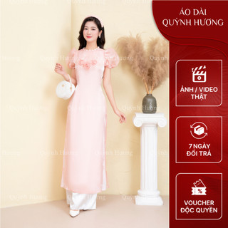 Áo dài voan nhũ tay bồng đính búp hoa và cúc cổ màu hồng by Quỳnh Hương