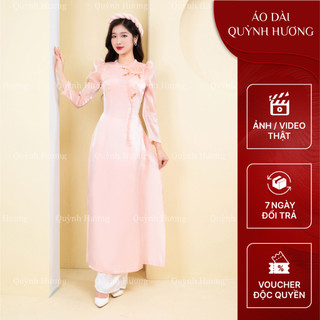 Áo dài voan tơ hồng cổ tết đính hoa ngực điệu đà by Quỳnh Hương
