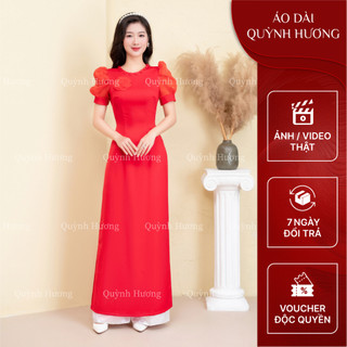 Áo dài giáo viên tay bồng chất lụa Tây Thi đính cúc viền cổ đính hoa ngực cách điệu màu đỏ by Quỳnh Hương