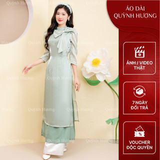 Áo dài cách tân voan tơ màu xanh mint cổ đính nơ chéo by Quỳnh Hương