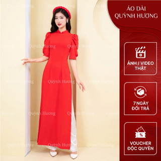Áo dài tay bồng thiết kế cổ vuông lụa trơn duyên dáng nhẹ nhàng màu đỏ by Quỳnh Hương