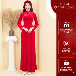 Áo dài nhung đỏ cổ truyền thống tay dài đính hạt trai chéo cổ by Quỳnh Hương