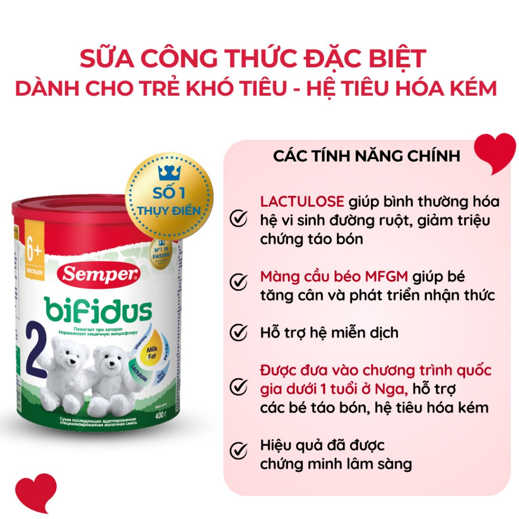 Combo 4 Sữa bột giúp bé tăng cân,cải thiện tiêu hóa,phát triển trí não Semper Bifidus số 1 400g cho bé từ 0-6 tháng tuổi