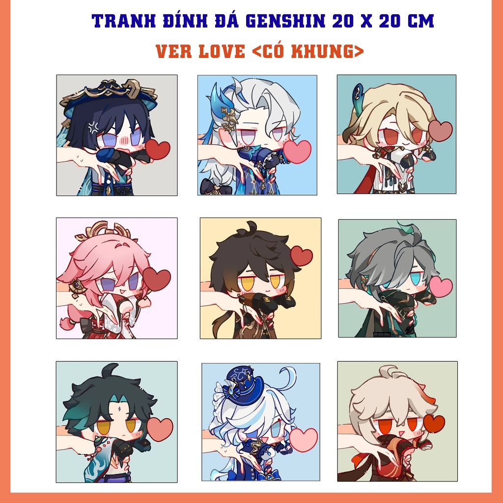 [CÓ KHUNG] Tranh đính đá Genshin Impact 20 x 20 cm ver LOVE Scara, Ayato, Xiao, Kazuha, Zhongli, Fur