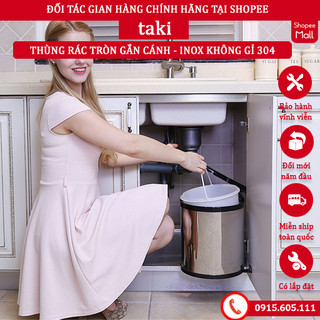 Trọn bộ thùng rác tròn gắn cánh, thùng rác tủ bếp - bọc inox 304 cao cấp - có thợ lắp