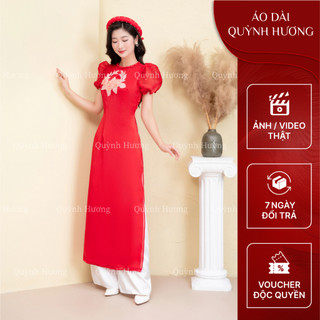 Áo dài voan tơ đỏ tay bồng búp đính hoa 3D trước ngực by Quỳnh Hương