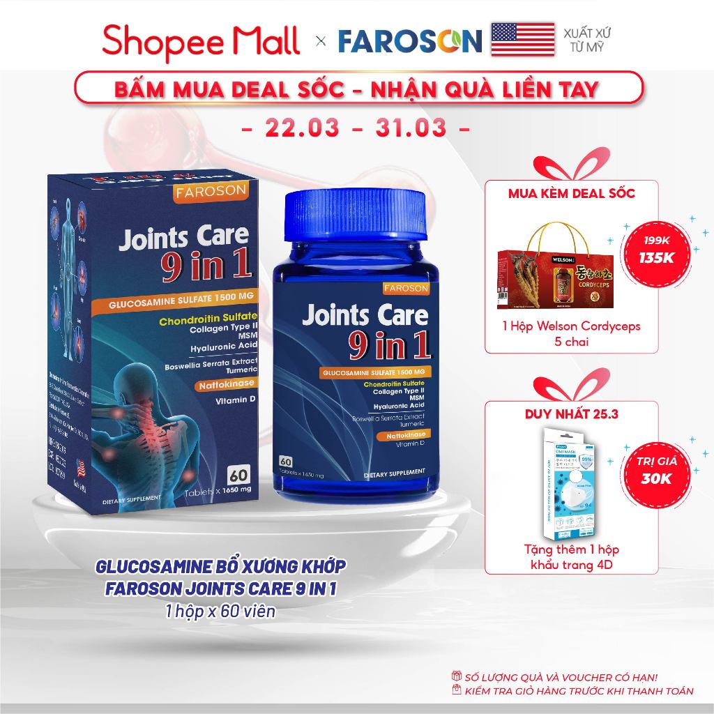 Viên uống Glucosamine xương khớp Faroson Joints Care 9 in 1 hộp 60 viên