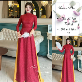 Áo dài gấm truyền thống cổ cao 2 phân tay dài
