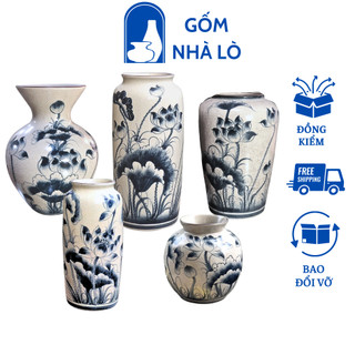 Bình hoa lọ hoa men rạn vẽ sen chàm gốm sứ bát tràng giả cổ nhiều dáng gốm nhà lò
