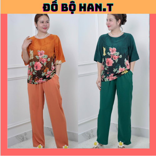 Đồ Bộ Trung Niên, Áo Cổ Tròn,Quần suông Dài,Vải Lụa Nhập Cao Cấp Nữ Women Top1 HAN.T SHOP