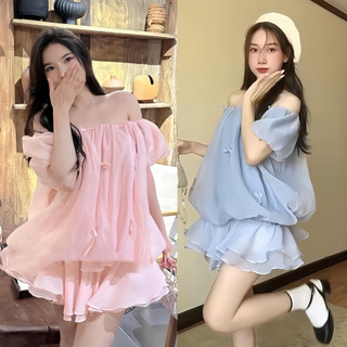 Áo Sơ Mi Voan Ngang Vai Basic Hottrend Mặc 2 Kiểu - Áo trễ vai nhún bèo đính nơ