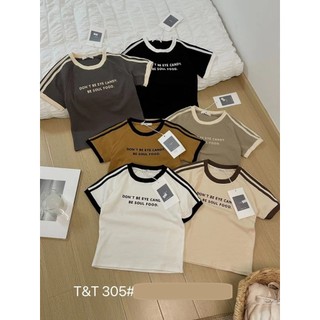 Áo thun croptop nữ tay ngắn sọc cổ tròn pha màu in chữ don't hàng Quảng Châu chất cotton, áo phông mùa hè chất đẹp 305
