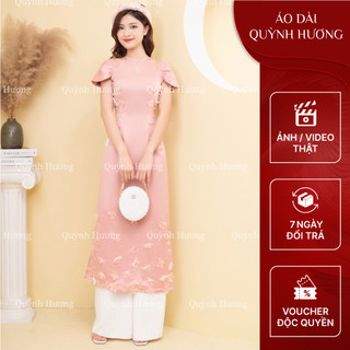 Áo dài cách tân tafta cổ yếm ngọc màu hồng đính hoa siêu xinh by Quỳnh Hương