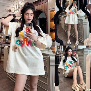  HV -  XẢ KHO  Áo Phông thụng nam Nữ Đính Gấu Áo Phông Thụng Chữ Màu Đính 2 Gấu 3DE Áo Thun Nữ chữ đá kèm nơ 
