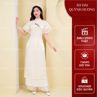 Áo Dài cách tân voan tơ nhũ màu kem nhẹ nhàng siêu xinh by Quỳnh Hương