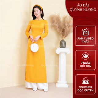 Áo dài lụa tây thi màu vàng cổ truyền thống đính hạt by Quỳnh Hương