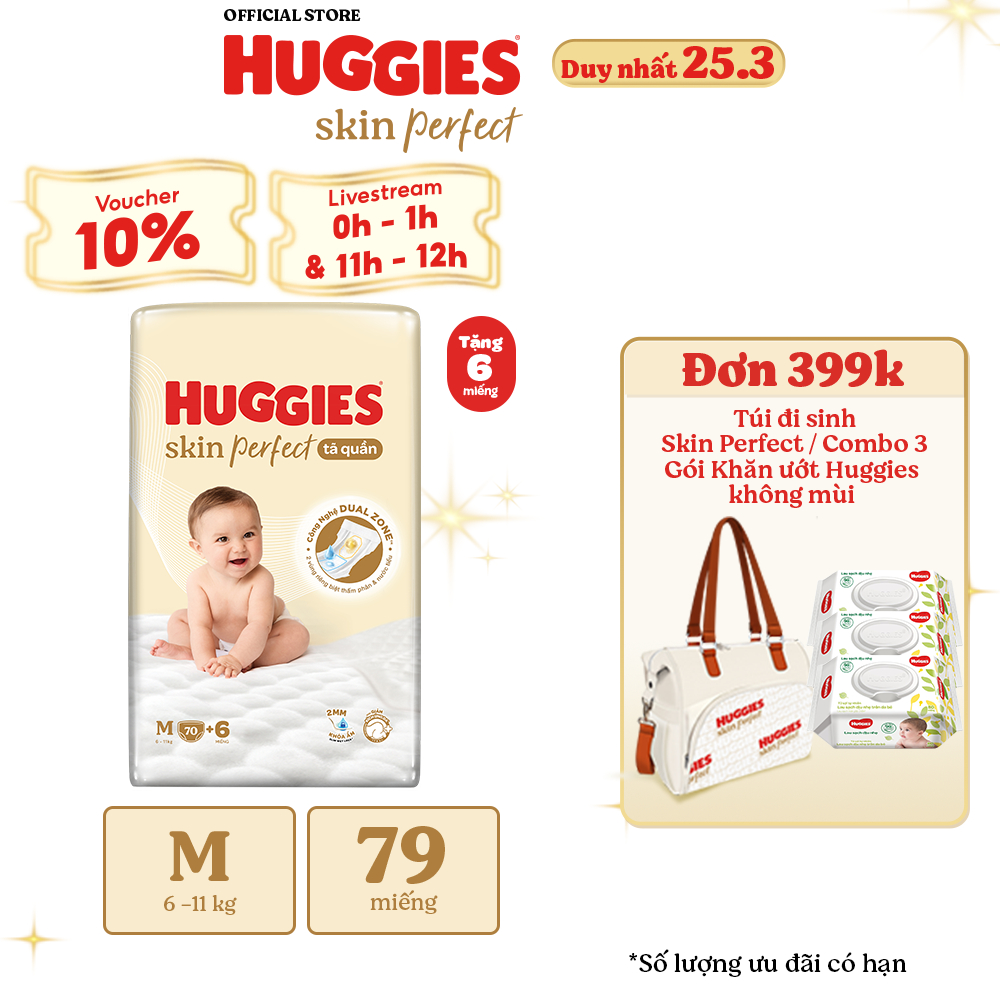 Tã quần Huggies Skin Perfect Super Jumbo M70+6 L60+6 XL52+6 XXL48+6 với 2