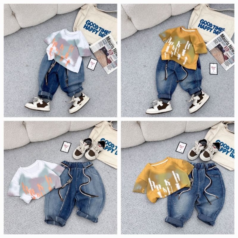 Set bộ áo cotton màu loang in chữ quần jean mềm sành điệu cho bé trai cherryshopkids