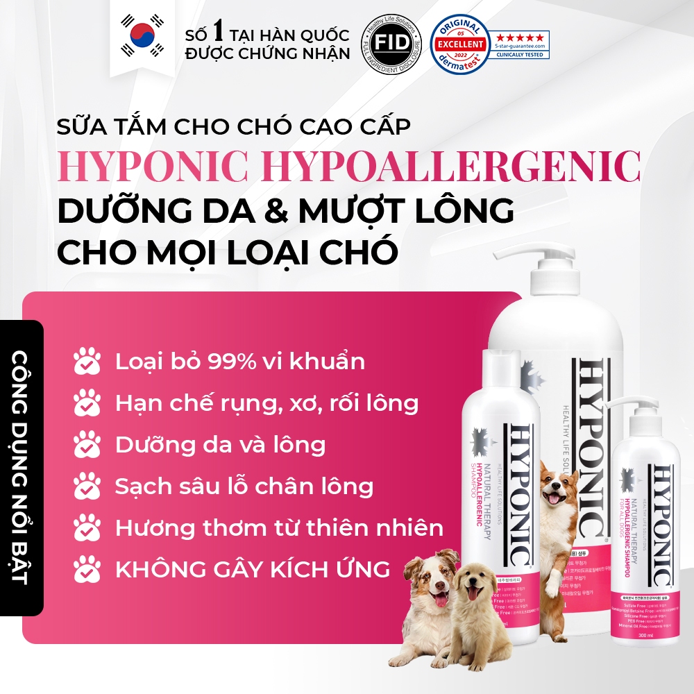 Sữa tắm cho chó cao cấp HYPONIC Hypoallergenic, dưỡng da và làm mượt lông cho mọi loại chó