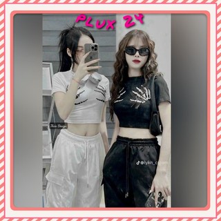 Set bộ áo croptop bàn tay xương kiểu lạ kèm quần form rộng túi hôp cá tính