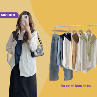 Áo Sơ Mi Nữ Dài Tay MICHOO Kèm Khăn Phối Thời Trang 4 Màu