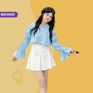 Áo sơ mi babydoll cổ sen tay loe bồng michoo thắt nơ tiểu thư